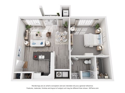Floor plan for 1 bed, 1 bath, 837 sqft